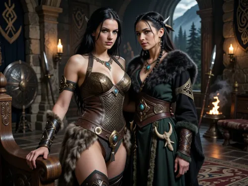 A beautiful adult Cimmerian princess stands in the great hall of a chieftain in Cimmeria, in a dark sword-and-sorcery world inspired by Conan. She is in her mid-twenties, tall, strong and regal, with pale weathered skin, storm-gray eyes, long thick raven-black hair, proud delicate features, and a calm, self-assured expression. She is beautiful in a fierce northern way, more powerful and delicate. She wears luxurious but harsh Cimmerian armor suited to a brutal land, a tight fitted ornate bronze chainmail bikini snugly containing her ample bosom layered with leather and heavy fur, fitted enough to show rank without looking modern, decorated with bronze clasps, arm rings, belts and carved bone or stone jewelry. One hand rests on the carved arm of a heavy wooden throne.

Behind and slightly beside her stands her female Cimmerian shaman, advisor and lover. She is an equally beautiful adult woman, slightly taller, with pale skin, dark hair braided with bone beads and feathers, piercing gray eyes, and an intense, unreadable expression. She wears layered black, charcoal and deep forest-green robes of wool, fur and leather, decorated with runes, talismans, carved bone charms, antler pieces and ancient tribal symbols. She stands far closer than a mere advisor should, one hand resting lightly and possessively at the princess’s waist as she leans toward her ear as if whispering private counsel. The princess’s relaxed posture and faint private smile reveal intimacy, trust and conspiracy between them.

Subtle ancient magic surrounds the shaman, faint mist around her fingers, a dim cold blue-gray glow in her eyes, and the ghostly suggestion of a wolf, raven or shadowy ancestral spirit hidden in the darkness behind her. The hall is unmistakably Cimmerian, massive timber beams, rough stone walls, carved wooden pillars, animal pelts, shields, spears, bronze braziers, smoky firelight, long benches, ancient banners, and a distant opening showing bleak mountains, dark forests and a storm-heavy sky. The atmosphere is harsh, ancient, intimate and dangerous, with the feeling of tribal power, old bloodlines and forbidden northern magic. Cinematic full-body composition, princess dominant in the foreground, shaman intimately behind her, realistic anatomy, dramatic firelight and cold northern light, richly detailed fur, leather, wood and stone textures, photorealistic dark fantasy, epic sword-and-sorcery film still.