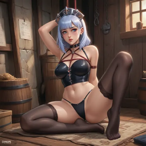 noelle from genshin impact dross style reiq meets A sexy goth girl wearing a thick collar and black stockings stood in a medieval style BDSM dungeon in rope bondage