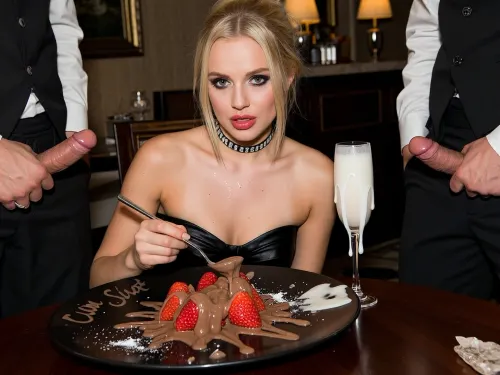 Amateur phone photo, slightly blurry and grainy, harsh direct flash, unflattering and dirty atmosphere. An elegant blonde woman in her late 20s sits at a dark brown wooden table in a fancy restaurant that feels strangely off and uncomfortable. She has a blonde updo that is slightly messy, a tight black evening dress, dark smoky eye makeup and glossy red lips that look a bit smeared. Around her neck is a black fetish choker covered in small crystals spelling "CUM SLUT".

In front of her is a large black plate. On it are strawberries partially covered in runny brown chocolate that drips unevenly onto the plate. Thick, realistic, slightly translucent cum is messily splattered and smeared over the strawberries and chocolate – viscous, sticky, with natural uneven texture, small air bubbles and a glossy but dirty look. It clearly looks like real semen, not milk. Some cum has mixed with the chocolate into dirty streaks. Light powdered sugar is scattered around, partly soaked by the cum. On the edge of the plate the words "Cum Slut" are written in messy thin chocolate handwriting.

Next to the plate stands a champagne glass filled to the top with thick, lumpy, realistic cum. The cum has an irregular, slimy consistency, slightly translucent in places, with thick slow drips running down the outside of the glass and pooling on the table.

Two waiters in formal uniforms stand left and right of her with their pants pulled down. They hold their hard, veiny cocks in their hands. The cocks look slightly shiny and realistic.

The woman holds a small silver spoon and is hesitantly poking into the cum-covered chocolate strawberry. Her expression is deeply unsettling, a mix of forced politeness, shy discomfort, mild disgust and reluctant arousal. Her eyes look slightly glassy, her mouth is slightly open, there is a subtle tension in her face as if she is about to gag but still goes through with it.

The whole scene feels dirty and wrong – sticky cum textures, imperfect lighting, visible skin pores, slight sweat on her skin, the elegant setting clashing hard with the filthy act. Raw amateur aesthetic, harsh flash reflections, muted colors, disturbing and uncomfortable mood, photorealistic, highly detailed realistic semen texture