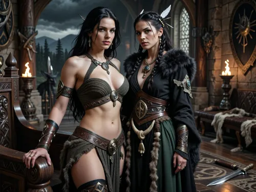 A beautiful adult Cimmerian princess stands in the great hall of a chieftain in Cimmeria, in a dark sword-and-sorcery world inspired by Conan. She is in her mid-twenties, tall, strong and regal, with pale weathered skin, storm-gray eyes, long thick raven-black hair, proud delicate features, and a calm, self-assured expression. She is beautiful in a fierce northern way, more powerful and delicate. She wears luxurious but harsh Cimmerian cloth suited to a brutal land, a tight knitted bikini snugly containing her impressive bosom, decorated with bronze clasps, arm rings, belts and carved bone or stone jewelry. One hand rests on the carved arm of a heavy wooden throne.

Behind and slightly beside her stands her female Cimmerian shaman, advisor and lover. She is an equally beautiful adult woman, slightly taller, with pale skin, dark hair braided with bone beads and feathers, piercing gray eyes, and an intense, unreadable expression. She wears layered black, charcoal and deep forest-green robes of wool, fur and leather, decorated with runes, talismans, carved bone charms, antler pieces and ancient tribal symbols. She stands far closer than a mere advisor should, one hand resting lightly and possessively at the princess’s waist as she leans toward her ear as if whispering private counsel. The princess’s relaxed posture and faint private smile reveal intimacy, trust and conspiracy between them.

Subtle ancient magic surrounds the shaman, faint mist around her fingers, a dim cold blue-gray glow in her eyes, and the ghostly suggestion of a wolf, raven or shadowy ancestral spirit hidden in the darkness behind her. The hall is unmistakably Cimmerian, massive timber beams, rough stone walls, carved wooden pillars, animal pelts, shields, spears, bronze braziers, smoky firelight, long benches, ancient banners, and a distant opening showing bleak mountains, dark forests and a storm-heavy sky. The atmosphere is harsh, ancient, intimate and dangerous, with the feeling of tribal power, old bloodlines and forbidden northern magic. Cinematic full-body composition, princess dominant in the foreground, shaman intimately behind her, realistic anatomy, dramatic firelight and cold northern light, richly detailed fur, leather, wood and stone textures, photorealistic dark fantasy, epic sword-and-sorcery film still.