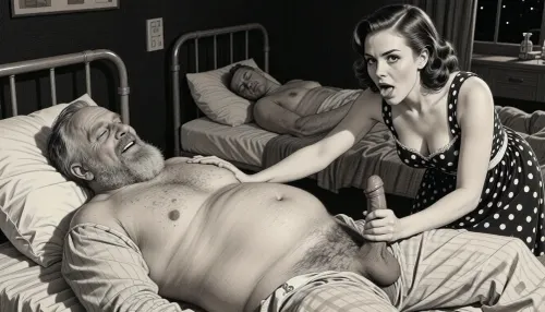 This is is a detailed monochromatic pencil drawing in a classical illustrative style depicts a scene set in USSR, in 1950s, In a hospital at night, in a darkened hospital room, a Obese ugly hairy bearded Caucasian old man lies on a bed in hospital pajamas .lustful mocking smile man's ugly face, Other patients sleep in the same room. His penis protrudes from his hospital pajamas, hairy testicles visible. A beautiful Russian brown elegant hairstyle curvy mother, she is wearing in polka dot sundress, stands beside him, her eyes wide and her expression very seductive. She holds his penis in hand, leans down, and sucks it intensely. blowjob, His hand on her head. Side lighting creates a dark and sexual atmosphere., The overall mood is intense, rendered in fine, expressive line work and subtle shading, evoking the style of 1950s satirical or moralistic illustrations.