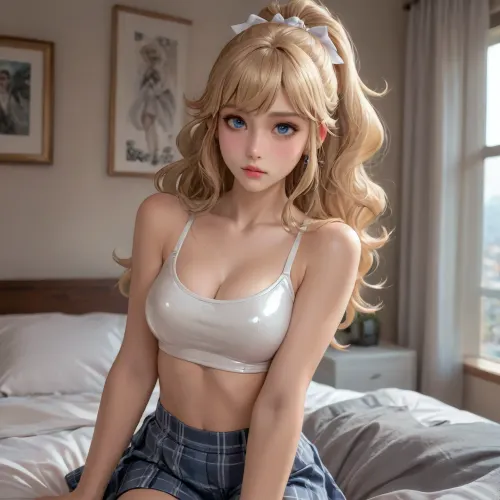 barbara from genshin impact dross style reiq meets 18yearold blonde cutie with the cutest face possible, very slim body, pale skin, small body, (((clear latex top))), busty perky boobs, (cleavage), freckles, attracted to the viewer, eye contact, long wavy hair in a high ponytail with a pink scrunchy, eyeliner, blue eyes, plaid skirt, bedroom, stud earrings, toned belly, 4ng3l, face, blsdp, <lora:SDXL_BetterFaces-LoRA_v1:.3>, <lora:concept_pov_dt_xl2-000020:.8>