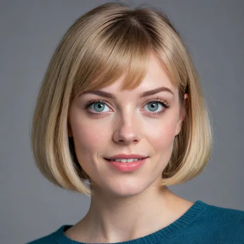 Photorealistic portrait of an adult Belgian woman with a, (delicate, feminine, youthful, narrow oval face:1.4), (24 years old:1.3), (joyous, slightly naughty expression:1.3), (large almond-shaped blue-gray eyes with subtle blue-green tones:1.5), natural catchlights and detailed irises, (softly arched natural blonde eyebrows:1.2), (small delicate straight nose:1.25), and, (naturally full rosy-pink lips:1.2), . Harmonious facial proportions, softly defined cheekbones and jawline, subtly rounded chin., (Fair warm-neutral skin with realistic texture and subtle natural imperfections:1.3), minimal makeup, natural rosy cheeks., (Light champagne-blonde hair:1.4), (chin-length French bob:1.5), softly rounded and slightly textured ends, (straight wispy bangs:1.4), subtle darker roots, natural highlights and individual hair strands., (Youthful adult appearance, natural beauty, realistic human anatomy:1.4), subtle facial asymmetry, approachable and authentic expression. Ultra-realistic photography, high-resolution, natural lighting, shallow depth of field, realistic skin and hair, no artificial beauty filters.
