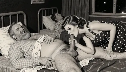 This is is a detailed monochromatic pencil drawing in a classical illustrative style depicts a scene set in USSR, in 1950s, In a hospital at night, in a darkened hospital room, a Obese ugly hairy bearded Caucasian old man lies on a bed in hospital pajamas .lustful mocking smile man's ugly face, Other patients sleep in the same room. His short penis protrudes from his hospital pajamas, hairy testicles visible. A beautiful Russian brown elegant hairstyle curvy mother, she is wearing in polka dot sundress, stands beside him, her eyes wide and her expression very seductive. She holds his penis in hand, leans down, and sucks it intensely. blowjob, His hand on her head. Side lighting creates a dark and sexual atmosphere., The overall mood is intense, rendered in fine, expressive line work and subtle shading, evoking the style of 1950s satirical or moralistic illustrations.