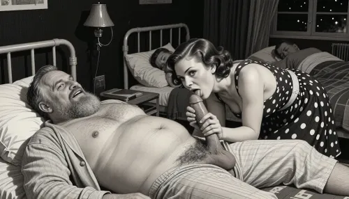 This is is a detailed monochromatic pencil drawing in a classical illustrative style depicts a scene set in USSR, in 1950s, In a hospital at night, in a darkened hospital room, a Obese ugly hairy bearded Caucasian old man lies on a bed in hospital pajamas .lustful mocking smile man's ugly face, Other patients sleep in the same room. His penis protrudes from his hospital pajamas, hairy testicles visible. A beautiful Russian brown elegant hairstyle curvy mother, she is wearing in polka dot sundress, stands beside him, her eyes wide and her expression very seductive. She holds his penis in hand, leans down, and sucks it intensely. blowjob, His hand on her head. Side lighting creates a dark and sexual atmosphere., The overall mood is intense, rendered in fine, expressive line work and subtle shading, evoking the style of 1950s satirical or moralistic illustrations.