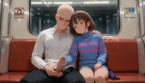 Frisk from undertale, ((Frisk's face stoic expression)), (Friks's eyes), ((Frisk closed eyes)), (Frisk's sweater), ((Frisk's long-sleeve light blue sweater with two magenta stripes)), she is also wearing light blue shorts, beatiful small body, 20 years old, she is sitting, In a subway, (very detailed subway interior), Male anon, bald head, (Male anon face is not visible in the frame), male anon is wearing white buttoned down office shirt, male anon is wearing black trousers, male anon is wearing office shoes, male anon pants are pulled down, big penis, (Shaved penis), big balls, male anon is sitting, Frisk is reaching her hand to male anon penis, Frisk is jerking off male anon penis with her hand, (handjob), Frisk is smiling, masterpiece, very detailed image, 4k image