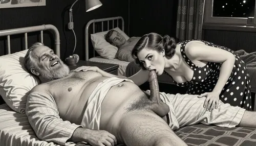 This is is a detailed monochromatic pencil drawing in a classical illustrative style depicts a scene set in USSR, in 1950s, In a hospital at night, in a darkened hospital room, a Obese ugly hairy bearded Caucasian old man lies on a bed in hospital pajamas .lustful mocking smile man's ugly face, Other patients sleep in the same room. His penis protrudes from his hospital pajamas, hairy testicles visible. A beautiful Russian brown elegant hairstyle curvy mother, she is wearing in polka dot sundress, stands beside him, her eyes wide and her expression very seductive. She holds his penis in hand, leans down, and sucks it intensely. blowjob, His hand on her head. Side lighting creates a dark and sexual atmosphere., The overall mood is intense, rendered in fine, expressive line work and subtle shading, evoking the style of 1950s satirical or moralistic illustrations.