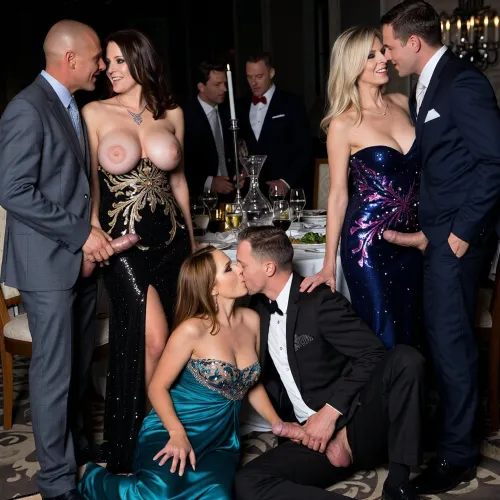 Elegant dinner party, three couples, all 40+, all smiling, woman are brunette, blonde and copper coloured hair, all with massive breasts, all wearing sparkly evening gowns of different colours with different coloured embroidery. Each couple engaged in a sex act, masturbation, fucking, groping, kissing, cuddling, some standing, some sitting, some in the floor, some on the table, men in suits with large cocks exposed. Food and wine on the table. Chiaroscuro