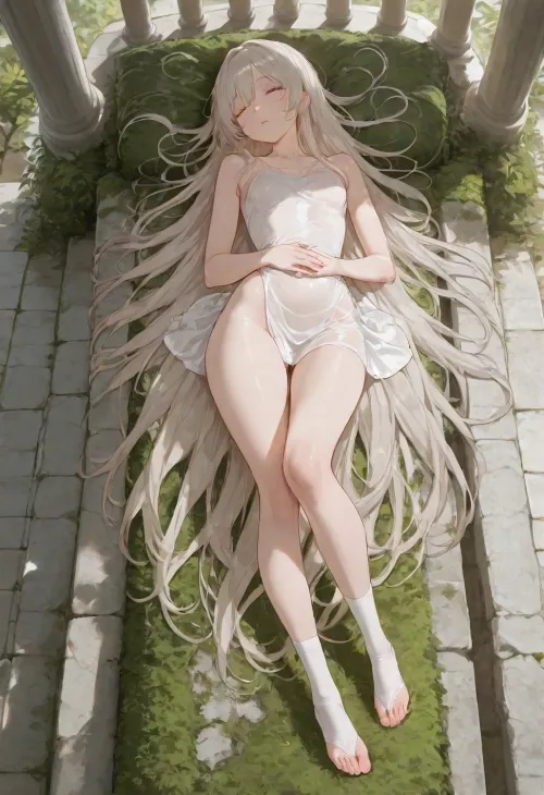lean body, (Petite 20 years girl, very skinny, perfect feet, platinum blonde hair, very long hair, ultra high details, detailed face, beautiful bright yellow eyes, extremely long eyelashes, very big tits, small cute butt, long legs), full body view, naked bust, white toeless stocking, transparent short dress, extremely transparent dress, transparent clothes, uncovered breasts, naked breasts, visible nipples, no underwear, sleeping pose, laying on a moss covered stony balcony, sleeping, lying on her back, natural daylight, top view, ac_neg1, <lora:Thigh_gap_SDXL:1>, <lora:viola:1.5>