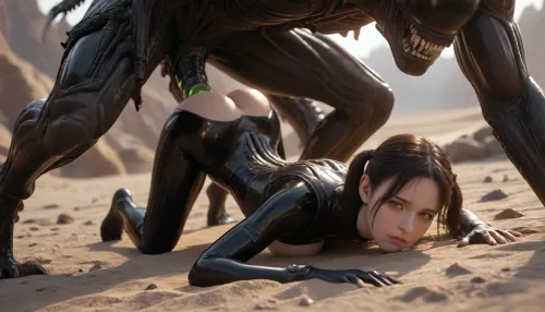 [Subject], Woman, dark tan skin, black pigtails, large breasts, wide hips, black latex gasmask, crotchless latex bodysuit, on her knees and elbows, top-down bottom-up. Second subject is a xenomorph alien, [Action], her wristsand ankles are bound by neon green viscous tendrils, vaginal, xenomorph cock penetrating her pussy, the xenomorphis fucking her from behind, [Environment], Biomechanical alien cave, dark tendrils, glowing green bio-luminescence., [Cinematography], ultra-wide shot., [Lighting/Style], Chiaroscuro cinematic lighting, ray-traced shadows., [Technical], 4K, photorealistic, ultra-detailed skin.