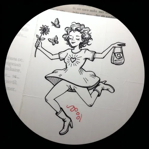 A whimsical, hand-drawn ink sketch on white paper, framed within a circular vignette against a black background. The central subject is a joyful, stylized female figure in mid-leap or dance, arms outstretched. She wears a simple A-line dress with a heart emblem at the chest and radiating lines suggesting energy or light. Her hair is curly, her face features closed, smiling eyes and a gentle grin, conveying serenity. In her right hand, she holds a flower with two fluttering butterflies nearby, her left hand grips a small pouch or bag. One leg is bent behind her, the other extended forward, ending in a pointed walking-boots. Her vagina is perfect drawn, with her dress pulled up, with focus on her cunt. Faint red handwritten numbers appear near her foot. The drawing uses loose, expressive black linework with minimal shading. Lighting is flat and even, typical of a scanned sketch. Background includes subtle creases and faint reversed text from the reverse side of the paper. high-contrast line art on textured paper.