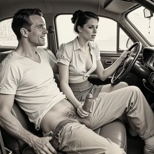 This is a detailed monochromatic pencil drawing in a classical illustrative style depicts a scene set after blowjob in 1950s, (an elegant 40-year-old man in passenger seat receiving handjob by Beautiful sexy jet-black elegant hairstyle woman in driver seat), lustful smile, focused on hairy scrotum, 30yo woman in driver seat is helping man dilf cum, precum, dripping man dilf's cocks, (((woman with hourglass figure, she is wearing in an open blouse and a skirt, (wide hips)))), (the man one hand grops woman's hip), undersides of penis, ((a woman looks at a man's massive penis)), dimly lit, massive penis, sitting in car, receiving handjob, v neck t shirt pulled up, ((pubic hair:1.7)), ((scene after blowjob:1.5)), cum on woman's lips, sweatpants pulled down, masturbation, hairy scrotum. The overall mood is intense, rendered in fine, expressive line work and subtle shading, evoking the style of 1950s satirical or moralistic illustrations.