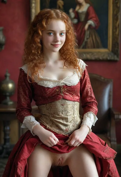 a Renaissance oil painting on canvas in the style of Leonardo da Vinci, the year 1495, perfect sharpness, portrait clearness, full depth of field, a young 18yo woman, sitting comfortably reclined in an big armchair, one leg lifted, heel in the seat of chair, arms around the bent knee, the dress bunched up around the waist, (Dutch irregular face:1), (shortstack:.8), gray eyes, squinting eyes, perfect eyes, no makeup, long curly ginger hair, (dressed in 1490s crimson fashion:1.6), (lifting her skirt:1.7), blushing face, smiling, (shyly showing pussy for the camera:1.8), legs apart, ginger hairy pussy, swollen vulva, looking very shy, no felines in frame, (wearing some clothes:1.5), perfect hands, naked groin, skirt, lift, <lora:Real_People-SDXL:1.6>, <lora:skirtLift:1.9>, <lora:MJ52:1.1>, <lora:detailed_notrigger:1.9>