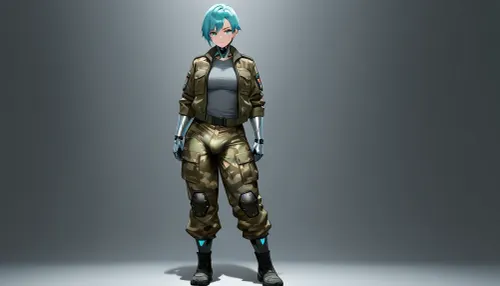 solo, futanari, cyborg, blue short hair, turquoise eyes, light metallic skin, brown camouflage, military uniform, dark grey background, open jacket, full body, dressed, standing, left position in picture, small bulge, tight baggy pants, frontal shadow, grey shirt, looks at the viewer