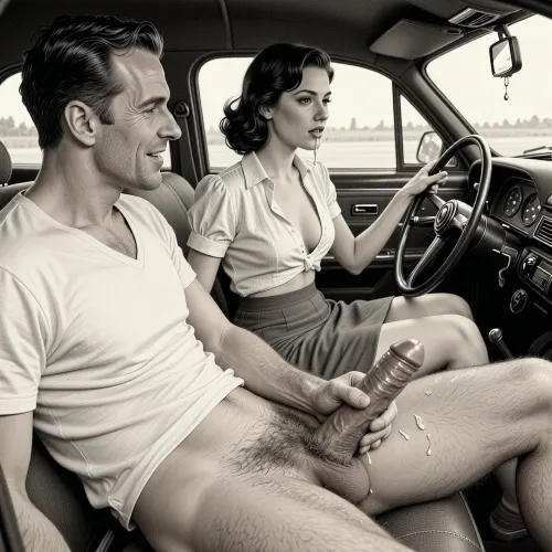 This is a detailed monochromatic pencil drawing in a classical illustrative style depicts a scene set after blowjob in 1950s, (an elegant 40-year-old man in passenger seat receiving handjob by Beautiful sexy jet-black elegant hairstyle woman in driver seat), lustful smile, focused on hairy scrotum, 30yo woman in driver seat is helping man dilf cum, precum, dripping man dilf's cocks, (((woman with hourglass figure, she is wearing in an open blouse and a skirt, (wide hips)))), (the man one hand grops woman's hip), undersides of penis, ((a woman looks at a man's massive penis)), dimly lit, massive penis, sitting in car, receiving handjob, v neck t shirt pulled up, ((pubic hair:1.7)), ((scene after blowjob:1.5)), cum on woman's lips, sweatpants pulled down, masturbation, hairy scrotum. The overall mood is intense, rendered in fine, expressive line work and subtle shading, evoking the style of 1950s satirical or moralistic illustrations.