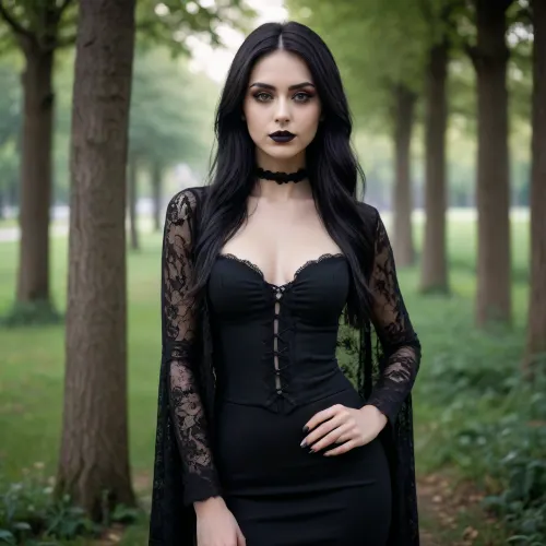 Ultra-realistic portrait of a young woman in a gothic style outdoors. She is standing on the right side of the frame, slightly leaning forward with a relaxed natural pose, hands held together in front of her body. Long straight black hair reaching her shoulders, thick side-swept bangs partially covering her forehead, slightly messy natural hairstyle. Pale skin, delicate facial features, large expressive eyes with dark gothic eyeliner, sharp black winged eyeliner, matte black lipstick, subtle gothic makeup. She has a calm expression with a soft mysterious smile.
She is wearing a completely black gothic outfit. A fitted black top with a deep rounded neckline, a black lace cape/cardigan over it with transparent lace sleeves and intricate floral patterns. A black fitted skirt or dress, black ripped stockings with decorative cuts and mesh texture. Dark romantic gothic fashion aesthetic.
Slim feminine body shape with natural proportions, realistic anatomy, elegant posture.
Background, a green outdoor park environment. Behind her is a fully opened peacock tail with detailed colorful feathers creating a fan-shaped background. A peacock is standing slightly to the left side of the frame. Blurred trees, grass, and natural scenery in the background.
Composition, vertical smartphone photography, waist-up to knee-length framing, woman positioned on the right side, peacock feathers filling the left side of the image, balanced composition. Realistic perspective, natural depth of field.
Lighting, soft natural daylight, realistic shadows, natural skin tones, detailed fabric texture, no artificial studio lighting.
Style, photorealistic, ultra detailed, DSLR quality, 4K resolution, realistic skin texture, natural photography, gothic aesthetic, realistic smartphone camera photo, high detail.