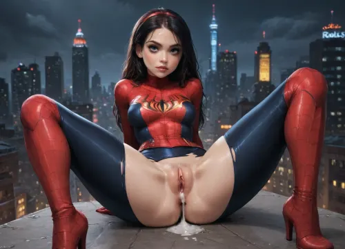 Cutesexyrobutts style, reiq, innv, (Jack cayless art style), markgavatino art style of a 8K, extreme realism, maximum detail image, female, (spider woman:1.4), with white black and red suit, on top of a city building at night time city lights shine in the background, her suit is torn where her breast are at, and where her pussy is at, har legs are spread open her big labia drips clear fluid out of her, (gapping pussy hole1.1.4), (up underneath view of gapping pussy and gapping butthole), ____ Ultra-realistic sweaty hair, slightly damp and clumped strands, natural moisture visible throughout the hair, subtle sweat along the hairline and scalp, individual strands sticking together naturally, realistic wet texture and shine, a few loose strands framing the face, soft highlights reflecting the light, detailed hair fibers, photorealistic, cinematic lighting, natural imperfections, high-resolution skin and hair detail. 1girl, violetparr, (/The, Incredibles), /, (ultra, HD, quality, details), black, hair, long, hairband, purple, eyes, <lora:Spider-Gwen:1.9>, <lora:Violet_Parr_-_The_Incredibles_-_SDXL1.0:.8>, <lora:Realism_Lora_By_Stable_yogi_SDXL8.1:.8>, <lora:SquattingAnal:.8>, arcane, style, <lora:arcane_style_xl_v1:.8>