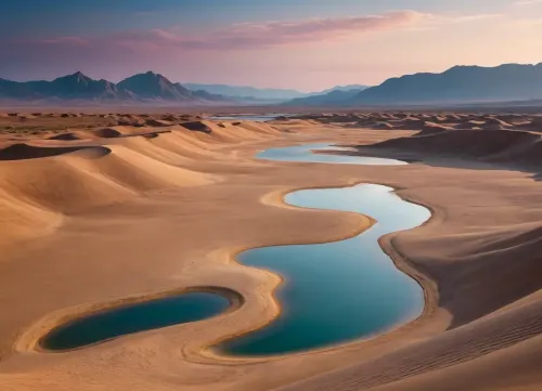 bright yellow sand beach with the dunes which contours outlined by dark brown lines in the foreground flows into the soft shapes of the high mountains in the background, their contours outlined by dark grey lines, sky is dark blue, turning into purple in the distance, with red reflections over the mountains, it must be evening, aquamarine line of the reservoir separates the plans, laconism and graphicity in the drawing of landscape evoke images from ancient vase painting and enhance the dramatic effect, is enhanced by the light, which gives almost no shadows