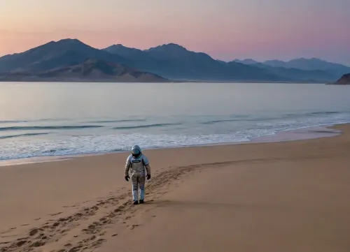 each color is solid and separated from the other by a thin line of a darker shade, bright yellow sand beach with the dunes which contours outlined by dark brown lines in the foreground flows into the soft shapes of the high mountains in the background, their contours outlined by dark grey lines, sky is dark blue, turning into purple in the distance, with red reflections over the mountains, it must be evening, aquamarine of the reservoir complete width of the field of view separates the beach from the mountains on the horizon, lonely small figure of a human in bright silver metal spacesuit with black face shield stands in foreground on the beach, a trail of footprints stretches across the sand from the human to the edge of the image, laconism and graphicity in the drawing of landscape evoke poster in constructivism style and enhance the dramatic effect, is enhanced by the light, which gives almost no shadows, the image is a symbol of loneliness and lostness in space
