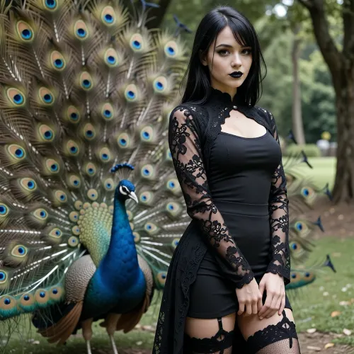 Ultra-realistic portrait of a young woman in a gothic style outdoors. She is standing on the right side of the frame, slightly leaning forward with a relaxed natural pose, hands held together in front of her body. Long straight black hair reaching her shoulders, thick side-swept bangs partially covering her forehead, slightly messy natural hairstyle. Pale skin, delicate facial features, large expressive eyes with dark gothic eyeliner, sharp black winged eyeliner, matte black lipstick, subtle gothic makeup. She has a calm expression with a soft mysterious smile.
She is wearing a completely black gothic outfit. A fitted black top with a deep rounded neckline, a black lace cape/cardigan over it with transparent lace sleeves and intricate floral patterns. A black fitted skirt or dress, black ripped stockings with decorative cuts and mesh texture. Dark romantic gothic fashion aesthetic.
Slim feminine body shape with natural proportions, realistic anatomy, elegant posture.
Background, a green outdoor park environment. Behind her is a fully opened peacock tail with detailed colorful feathers creating a fan-shaped background. A peacock is standing slightly to the left side of the frame. Blurred trees, grass, and natural scenery in the background.
Composition, vertical smartphone photography, waist-up to knee-length framing, woman positioned on the right side, peacock feathers filling the left side of the image, balanced composition. Realistic perspective, natural depth of field.
Lighting, soft natural daylight, realistic shadows, natural skin tones, detailed fabric texture, no artificial studio lighting.
Style, photorealistic, ultra detailed, DSLR quality, 4K resolution, realistic skin texture, natural photography, gothic aesthetic, realistic smartphone camera photo, high detail.