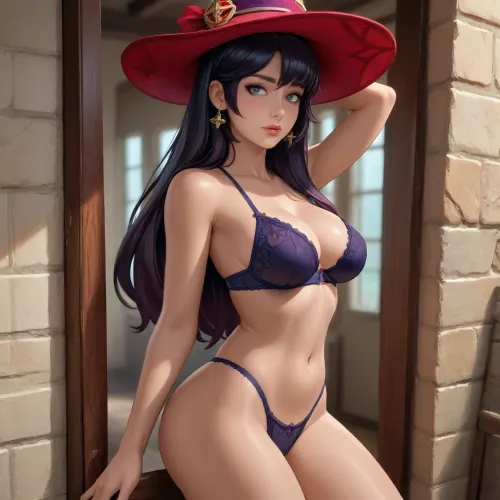 mona from genshin impact dross style reiq meets, woman, Busty lingerie model, cinematic photoshoot, shadows, huge breasts, long straight hair, big torso underwear, big underwear, skinny waist, large ass, huge, ass, breasts, big, hips, narrow, waist, <lora:BodyLicious:2>
