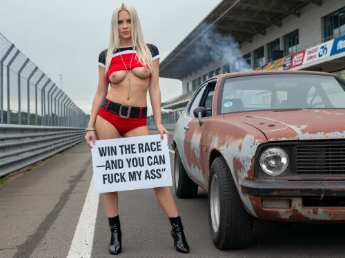 A photorealistic image of a young beautiful Scandinavian woman with long, straight, platinum blonde hair, standing full-length on a racetrack next to her old rusty run down 1971 Ford Pinto, faint smoke coming from the engine of the 1971 Ford Pinto. She is wearing a red, black, and white cropped top that is pulled down below her breasts, leaving them exposed. She is also wearing very short shorts in the same color as the top, a belt, and black patent leather high-heeled boots. Around her neck is a long, thin silver chain. The woman looks at the camera defiantly and with a slight smirk, holding a sign that reads “ WIN THE RACE—AND YOU CAN FUCK MY ASS ”, To her right, a rusty run down 1971 Ford Pinto is visible, featuring one broken headlight, old worn out tires, and a rusting body. In the background are the asphalt of the racetrack, metal guardrails, a modern grandstand made of concrete and glass, and a cloudy daytime sky. Diffused natural light, high detail in the leather, fabric, metal, and reflections, cinematic composition