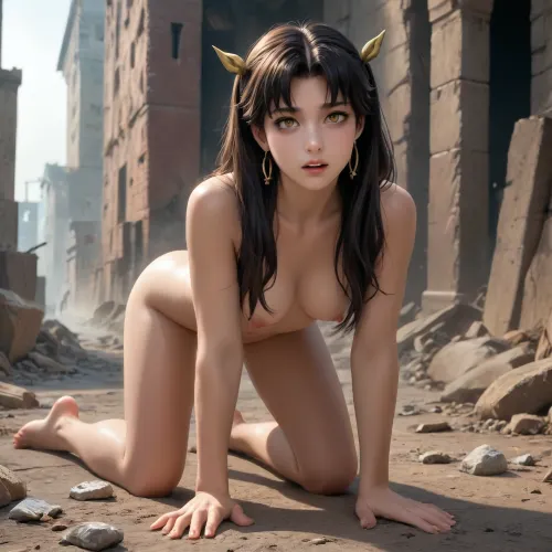 ishtar from fate/grand order dross style reiq meets, woman, a masterpiece, top quality, ultra-detailed, anime style, classic hentai aesthetics of the 90s and early 2000s, clean line art, smooth shading, set in a post-apocalyptic, ruined city, destroyed buildings with shattered walls, piles of rubble, broken glass, rubbish, dust and smoke in the air, overcast daylight, a completely naked young woman with long black hair and fair skin, on all fours, her back arched sharply, her eyes wide open in shock, her elbows resting on the ground, her skin glistening with sweat, behind her, a large, muscular, green-skinned, reptilian-like mutant, with powerful, muscular arms and torso, short horns on his head, yellow eyes with vertical pupils, sharp teeth bared in a snarl, twisted arms with varying numbers of fingers gripping her hips, a huge, thick, dark penis penetrates the girl deeply from behind, a long, slender tail, reddish at the tip, scars on her body, she is on her knees, outdoor sex amidst the ruins, the ground with small puddles, detailed anatomy, realistic proportions with a hentai twist.