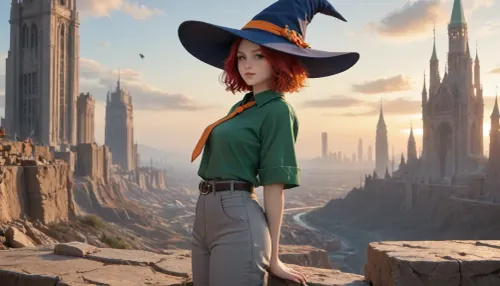 ((in avant‑garde painting style), (cartoon style), (comix style)), short cheerful red-haired freckled girl, (boyish figure), blue wide-brimmed pointed hat, green oversized men's shirt, men's long wide orange tie, gray oversized men's wide trousers with turned-up legs and belted with leather belt, yellow shoes, clothes clearly from someone else's shoulder, around dull almost moon-like landscape to the horizon, gray rocks and gray sand under a pale yellow sky, huge ominous skyscrapers and towers of a cyberpunk-style city on the horizon, the bright appearance of the girl contrasts with the gray-pastel range of the surroundings and the gloomy dark perspective of the city, sun or other light sources are not visible, lighting is even almost without shadows, girl stands on right side of frame sideways to viewer, half-turned, thoughtfully looking at city, view from aside.

side view, (orange tie:1.4), (grey trousers:1.4), (green shirt:1.5), (blue witch-style hat:1.4), (single:1.7), (solo:1.7), hard contrast image, (whole body visible)