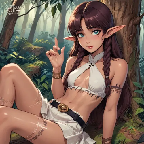 ishtar from fate/grand order dross style reiq meets, woman, masterpiece, best quality, ultra-detailed, 4k, original, maximum details, high quality, high resolution, ultra high detailed character, highly detailed, Perfect face, perfect body, perfect eyes, green eyes, perfect pupils, perfect fingers, young adult, adult girl, very cute face, young face, girl low stature, petite, slim, athletic, (beautiful elf girl, tanned skin, white tribal tattoos, perfect beauty), brown hair, long hair braided in two braids, bangs, short white skirt, leather belt, white x-shape criss cross halter top, thin waist, flat breast, bare feet, (wide innocent delighted smile), emotional, energetic, in the forest, in dynamics, in motion, sitting on a big log, leaning back, searching behind the log, head turned, scenic view, long shot, far shot, reiq style, ratatatat74, lineart, line, art, flat, colors, color, <lora:LCMTurboMix_Euler_A_fix:1.1>, <lora:ratatatat74-000050:1.1>, <lora:mk_Bp Anime_xl:1>, <lora:lineartSDXL:1.7>