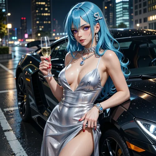 A masterpiece, top quality, ultra-detailed digital illustration in a semi-realistic anime style with glossy textures and cinematic lighting, in the spirit of Logan Cure’s work. The beautiful St. Louis – a character from the game Azur Lane – is a young woman with long, wavy light-blue hair, violet eyes and delicate skin with a subtle glossy sheen. She stands in a seductive pose, resting her hip and the elbow of her left arm on her luxurious black sports supercar, whilst her right hand elegantly holds a tall champagne flute. She wears a form-fitting silver metallic dress with a plunging neckline, thin straps and a high slit up the thigh. Her nails are painted red. Around her neck she wears a sparkling diamond choker and a luxurious necklace featuring a large blue teardrop-shaped stone, along with long earrings, a bracelet set with blue stones, and a silver hair clip bearing the letters ‘SL’. A wet city street at night after the rain, gleaming tarmac reflecting the lights, with tall skyscrapers and illuminated windows in the background, bokeh from streetlights and city lights, and a black supercar with bright yellow accents. A luxurious, glamorous, sensual atmosphere of nightlife, three-dimensional lighting, strong hig