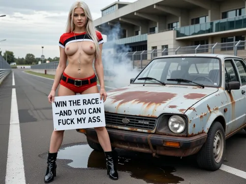 A photorealistic image of a young beautiful Scandinavian woman with long, straight, platinum blonde hair, standing full-length on a racetrack next to her old rusty run down 1985 Yugo GV, faint smoke coming from the engine of the 1985 Yugo GV. She is wearing a red, black, and white cropped top that is pulled down below her breasts, leaving them exposed. She is also wearing very short shorts in the same color as the top, a belt, and black patent leather high-heeled boots. Around her neck is a long, thin silver chain. The woman looks at the camera defiantly and with a slight smirk, holding a sign that reads WIN THE RACE—AND YOU CAN FUCK MY ASS, To her right, a rusty run down 1985 Yugo GV is visible, featuring one broken headlight, old worn out tires one of witch is completely deflated, and a rusting body, a large oil slick has formed under the car. In the background are the asphalt of the racetrack, metal guardrails, a modern grandstand made of concrete and glass, and a cloudy daytime sky. Diffused natural light, high detail in the leather, fabric, metal, and reflections, cinematic composition