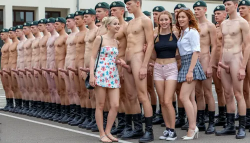 (ultrarealistic photography), (full body view), morning roll call on the parade ground. group of 20 year old german totally nude men with erect penis, (detailed faces), (all men with erect penis), standing exactly in row, pantless, no underpants, (all men wearing army boots and cap), obedience, faint smile, (in the foreground, Three women in front of the soldiers, happy, have fun, one woman touching the erect penis from a soldier, the soldier standing in front of the women, the other two women standing behind the first woman with cheeky smile), (the first woman is a slender blond with hairs in bun, wearing a floral short summer dress and sandals, shoulderbag, earings, necklace), (the second woman is a sporty petit brunette with braided twintails, wearing a light pink hotpants, fitted black crop top and sneakers), (the third woman is a curvy with ginger wavy hair, wearing a checkered pleated mini skirt, with blouse and whith high heels, sunglasses on head.)