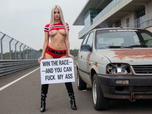 A photorealistic image of a young beautiful Scandinavian woman with long, straight, platinum blonde hair, standing full-length on a racetrack next to her old rusty run down Fiat Multipla, faint smoke coming from the engine of the Fiat Multipla. She is wearing a red, black, and white cropped top that is pulled down below her breasts, leaving them exposed. She is also wearing very short shorts in the same color as the top, a belt, and black patent leather high-heeled boots. Around her neck is a long, thin silver chain. The woman looks at the camera defiantly and with a slight smirk, holding a sign that reads “ WIN THE RACE—AND YOU CAN FUCK MY ASS ”, To her right, a rusty run down Fiat Multipla is visible, featuring one broken headlight, old worn out tires, and a rusting body. In the background are the asphalt of the racetrack, metal guardrails, a modern grandstand made of concrete and glass, and a cloudy daytime sky. Diffused natural light, high detail in the leather, fabric, metal, and reflections, cinematic composition