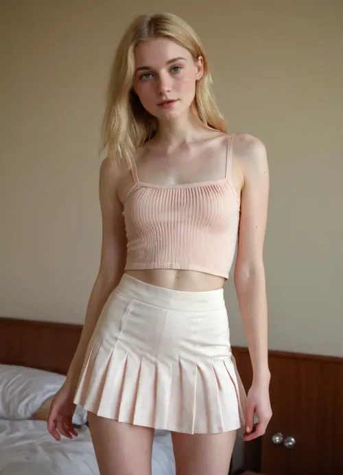 my horny pale shy girlfriend, 25 years old, short height, skinny bony figure, french, long straight messy blonde hair, wide shoulders, narrow hips, long thin legs, thin thighs, freckles, (white crop top), (peach-colored pleated micro miniskirt), slimwoman, <lora:slimwoman:1.1>