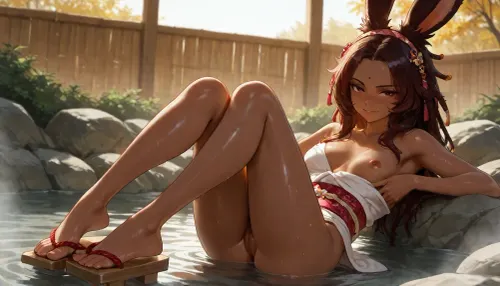 1girl, solo, 30yo, (((Viera))), (voluminous extremely long dreadlocks, hair ornaments), slim body, (fur:1.8), perfect eyes, (deep gaze, smirk, looking at viewer), wet skin, large hoops, body ornaments, hairband, (freckles), ((bindi)), (small breasts), geta, obi, (highly detailed pussy, pubic hair), (groping one breast, caressing her leg), ((bathing in onsen, steam)), full body view, highres, best quality, ac_neg1, <lora:add-detail-xl:1.4>