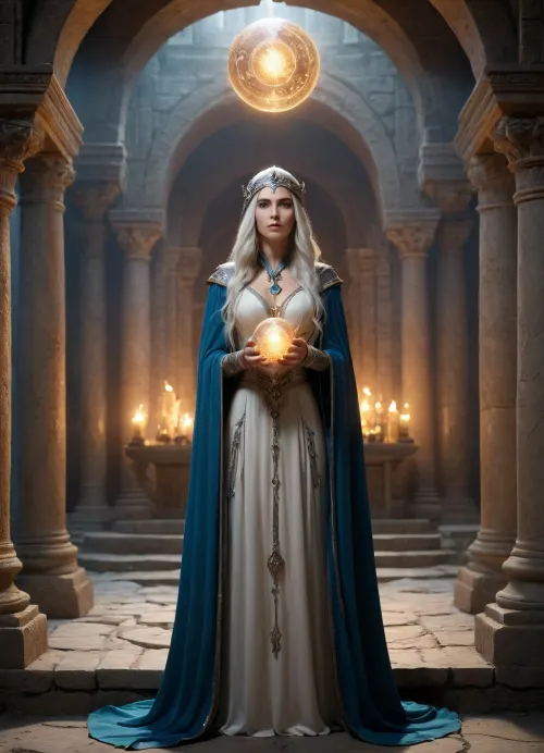 Wizard School, a mysterious elven sorceress holding a glowing crystal orb in both hands, stands in an ancient stone temple lit by flickering torches. nude, wearing a celeste wizard cloak, pointed wizard hat, ornamented with embroidery and golden jewels, silver long hair, firm breasts, shaved pussy. Her piercing blue eyes glow faintly as she gazes at the orb. The setting is dark and mystical, with arched ruins and magical symbols engraved on the walls. The character is detailed in a high fantasy style. Angled at eye level. The art style is cinematic realism with a high level of detail