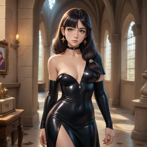 mona from genshin impact dross style reiq meets, woman, very nice sexy woman dark brünette hair in the black leather catsuite, one big natural breast is bulging out her dress, standing in a castle