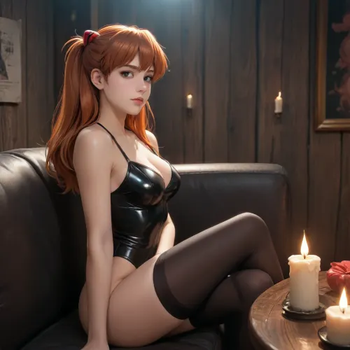 asuka_langley from neon genesis evangelion dross style reiq meets, woman, (Dark room), candle light, black leather couch