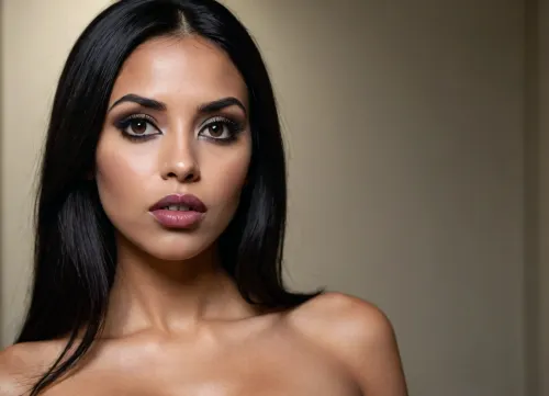 a modern photo of a latin woman, round shape face, dark skin, big lips, make up, goth, brown lipstick, button little nose, latin skin, big eyes, black eyes, long straight hairs, black hairs, beautiful face, nude, big tits, realistic, modern, intricate, masterpiece, sharp focus, dramatic, soft lighting, high res