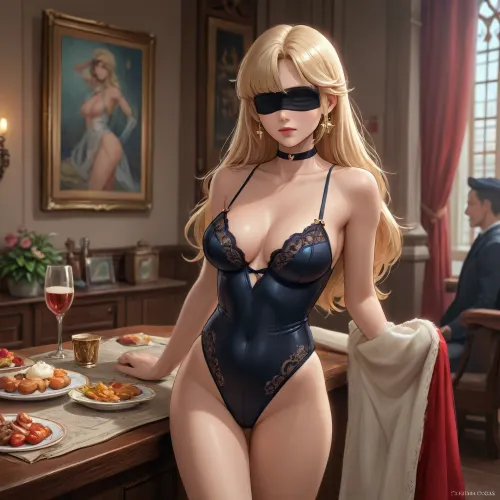 mona from genshin impact dross style reiq meets, woman, Stunning sexy slender young woman, blonde long hair, black silk blindfold in front of her eyes, perfect figure, tanned skin, huge breast, big erect tits, long leg, round ass, white sensual intricate lace lingerie, (sensualy standing on a giant banquet table:1.4), full of appetizing food In front of 5 aristocrats, in a luxurious and aristocratic reception hall, shadow, dark, (prompt respect:1.5), <lora:add-detail-xl:.5>, <lora:detailed_notrigger:.5>, detailxl