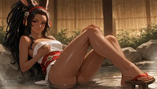 1girl, solo, 30yo, (((Viera, Shiva))), (voluminous extremely long dreadlocks ponytail, hair ornaments), slim body, perfect eyes, (deep gaze, smirk, looking at viewer), wet skin, large hoops, body ornaments, hairband, (freckles), ((bindi)), (small breasts), geta, obi, (highly detailed pussy, pubic hair), (groping one breast, caressing her leg), ((bathing in onsen, steam)), full body view, highres, best quality, ac_neg1, <lora:add-detail-xl:1.4>