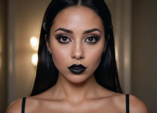 a modern photo of a latin woman, round face shape, dark skin, big lips, make up, goth, black lipstick, button nose, latin skin, big eyes, black eyes, long straight hairs, black hairs, beautiful face, big tits, realistic, modern, intricate, masterpiece, sharp focus, dramatic, soft lighting, high res