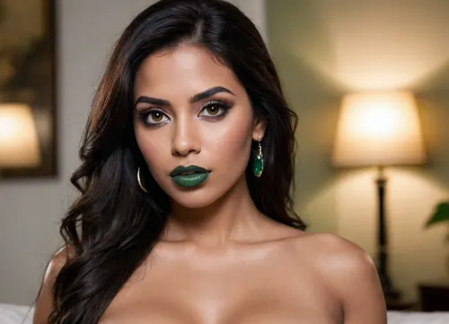a modern photo of a latin woman, looks like candela skin, dark skin, round shape face, big lips, make up, dark green lipstick, button little nose, latin skin, big eyes, black eyes, long straight hairs, black hairs, beautiful face, nude, big tits, entire tits, realistic, modern, intricate, masterpiece, sharp focus, dramatic, soft lighting, high res, <lora:Latin_girl:.7>