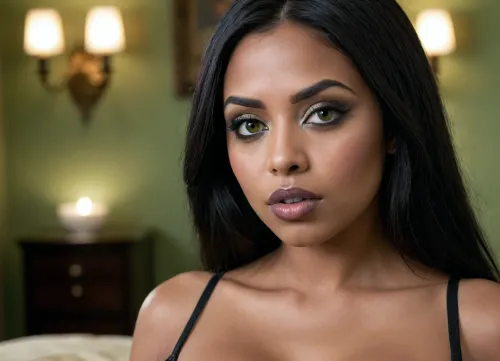 a modern photo of a latin woman, dark skin, round shape face, big lips, make up, goth, light green lipstick, button little nose, latin skin, big eyes, black eyes, long straight hairs, black hairs, beautiful face, nude, big tits, entire tits, realistic, modern, intricate, masterpiece, sharp focus, dramatic, soft lighting, high res, <lora:Latin_girl:.7>