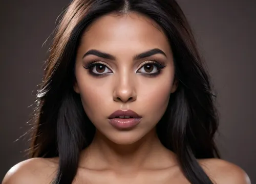 a modern photo of a latin woman, dark skin, round shape face, big lips, make up, goth, brown lipstick, button little nose, latin skin, big eyes, black eyes, long straight hairs, black hairs, beautiful face, nude, big tits, entire tits, realistic, modern, intricate, masterpiece, sharp focus, dramatic, soft lighting, high res, <lora:Latin_girl:.7>