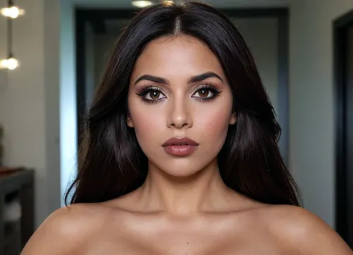a modern photo of a latin woman, round shape face, dark skin, big lips, make up, goth, brown lipstick, button little nose, latin skin, big eyes, black eyes, long straight hairs, black hairs, beautiful face, nude, big tits, realistic, modern, intricate, masterpiece, sharp focus, dramatic, soft lighting, high res, <lora:Latin_girl:.8>