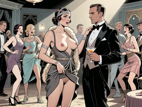 (detailed colorized pen and ink sketch:2), extremely stylized background, in a graphic style ——————-, a scene in a 1920’s style ballroom. a woman with an athletic body and big tits is standing in the middle. She’s wearing a sexy 1920’s cocktail dress, a boa, and a 1920’s headband. One tit has fallen out of her dress. She lifts up her skirt, and is fingering herself. She has the look of a cheeky temptress. A man in tuxedo, holding sm martini is standing next to her, she is trying to seduce him. Around her, Several young Couples are wearing sexy 1920’s outfits, laughing with joy, and are dancing the charleston. Cinematic lighting, stylized background, masterpiece --------------------------------------------------------------------------------------------

The artwork uses soft-contrast linework and cross-hatching for texture and depth, with a stark, graphic quality reminiscent of French comix. The lighting is implied through strong shadows and line work, creating a dramatic, theatrical mood. The overall style is illustrative, with exaggerated proportions and a focus on narrative and character interaction.