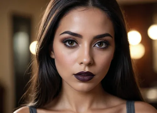 a modern photo of a latin woman, big lips, black lipstick, canela skin, little nose, big eyes, long straight hairs, black hairs, beautiful face, realistic, retro, intricate, masterpiece, sharp focus, dramatic, award winning scene, soft lighting, film grain, high res