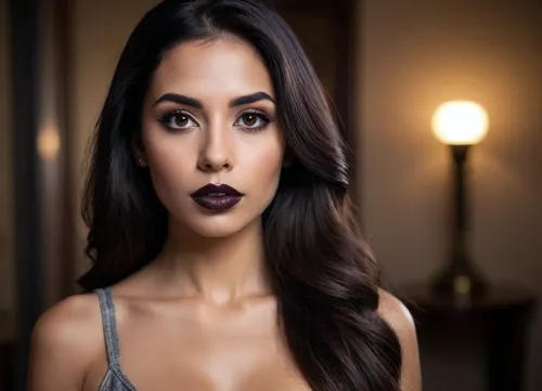 a modern photo of a latin woman, big lips, black lipstick, canela skin, little button nose, big eyes, long straight hairs, black hairs, beautiful face, realistic, retro, intricate, masterpiece, sharp focus, dramatic, award winning scene, soft lighting, film grain, high res