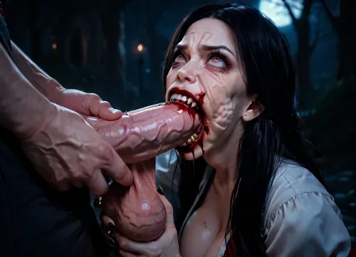 Vampire, ((an old vampire sucks a bloody cock)), (wrinkled face:1.4), Age difference, (make up:1.2), black long hair, (blowjob:1.4), (holding cocks:1.2), (big soft breasts:1.1), (mouth full or blood:1.3), (vampire teeth:1.2), (cock:1.3), big eyes, looking up, dark night, suburb, street, <lora:Mistress_of_the_night-000016:1.2>, <lora:dark slav suburbs_v0.0.1-15:1.2>